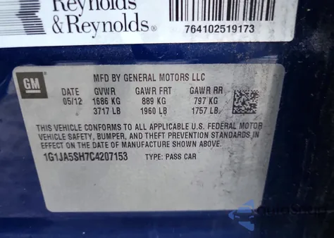 2012 Chevrolet Sonic Ls from USA, damaged, VIN 1G1JA5SH7C4207153